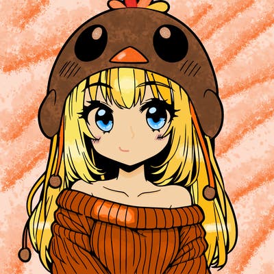 anime girl with chick shaped hat with sweater with bare shoulders with bangs covering them one eye with low tail