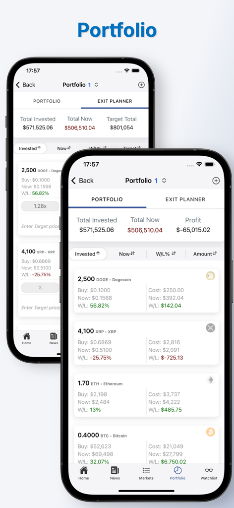 CoinLore Cryptocurrency Prices - A mobile app screen showing a cryptocurrency portfolio with live price tracking and profit analysis.