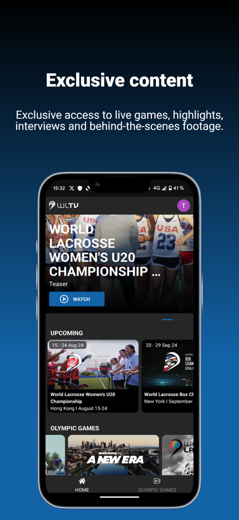 The World Lacrosse TV app home screen showing exclusive content and upcoming international championships.