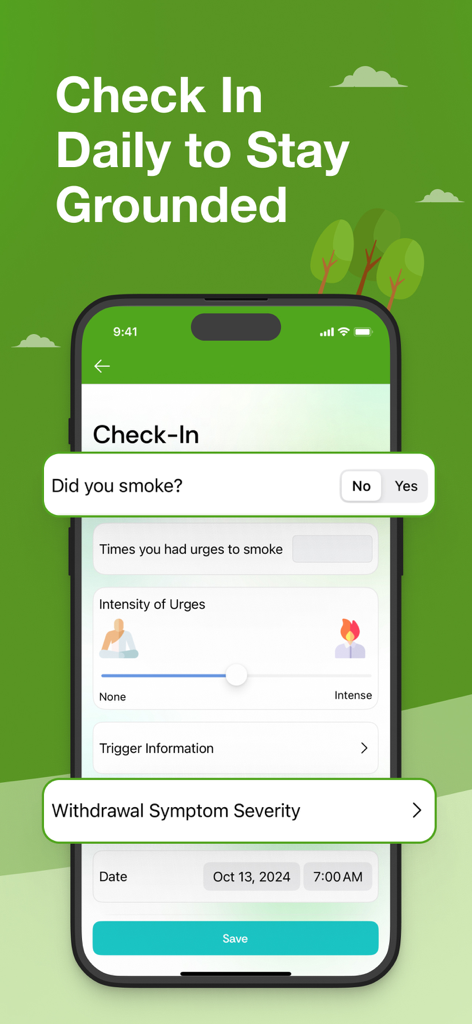Grounded: Quit Weed Smoking - Daily check-in screen for the Grounded app showing options to log smoking status and urge intensity