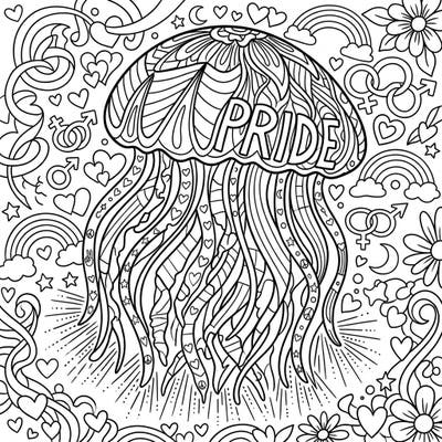 Immerse yourself in a vibrant celebration of love and diversity with this unique Flower Hat Jellyfish coloring page dedicated to Pride Month. Its intricate design, featuring numerous symbols of unity and joy, promises a delightful and meaningful coloring experience for all.