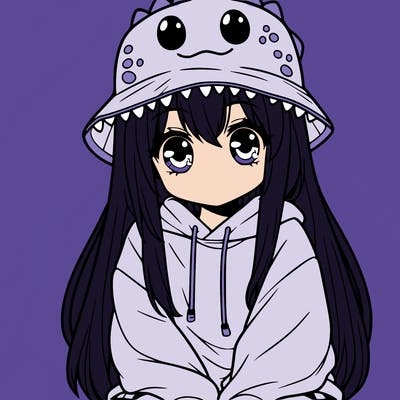 girl with anime shaped eyes with a dinosaur bucket hat oversized sweatshirt long straight hair