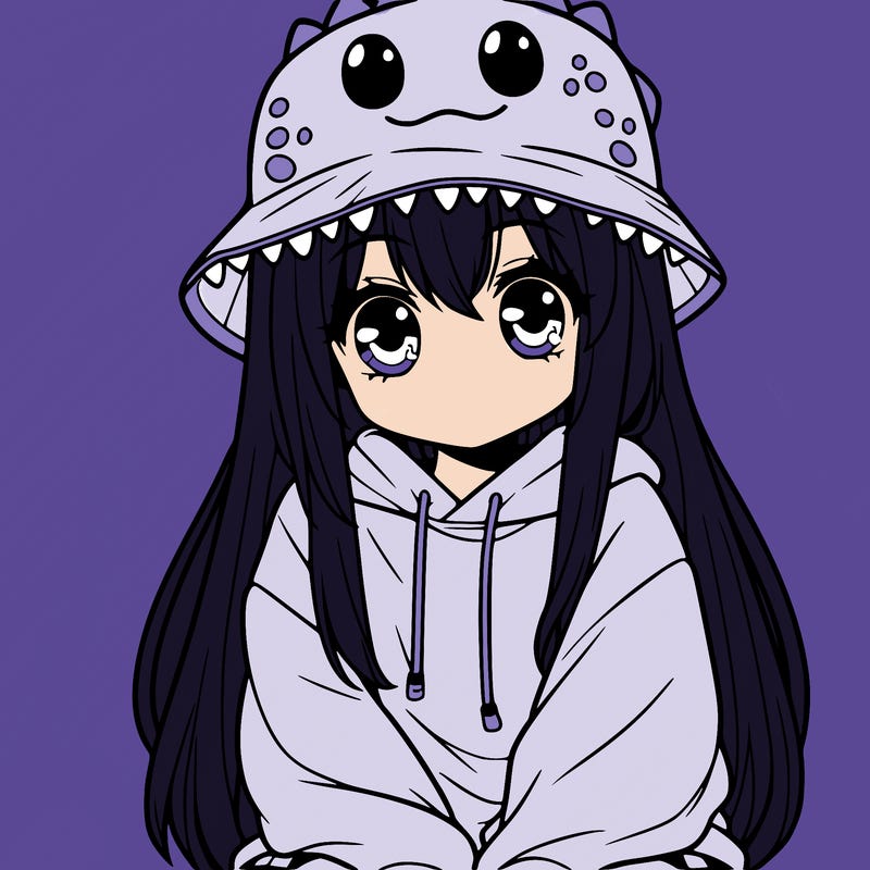 girl with anime shaped eyes with a dinosaur bucket hat oversized sweatshirt long straight hair