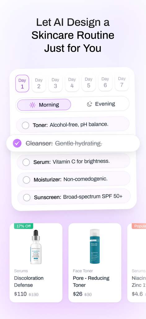 Glow - AI Beauty Coach - Glow AI Beauty Coach app showing a personalized 7-day morning skincare routine with product suggestions