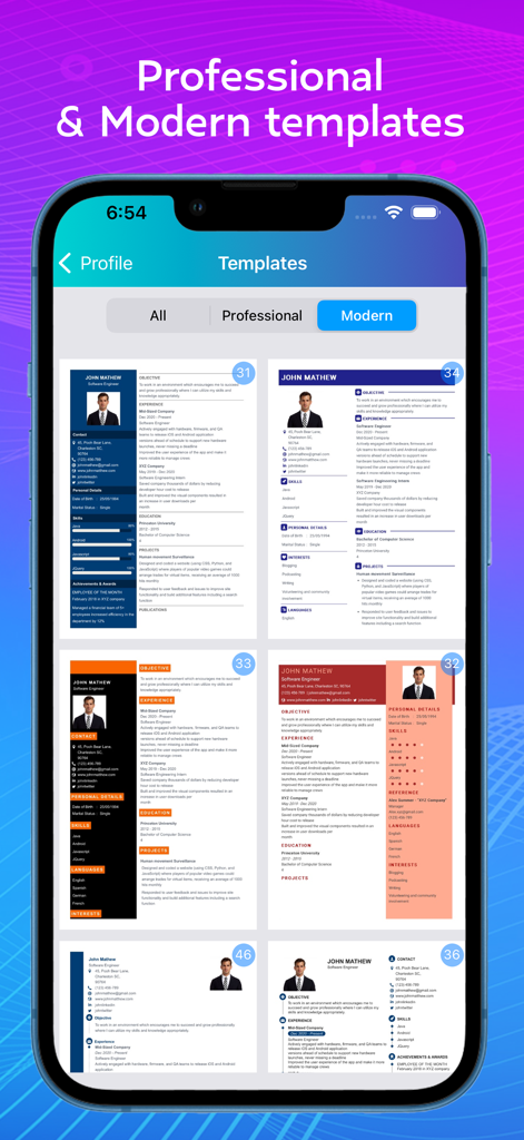 Resume : Intelligent CV Maker - インテリジェントCVメーカーアプリ内で表示される、プロフェッショナルでモダンな履歴書テンプレートのセレクション。