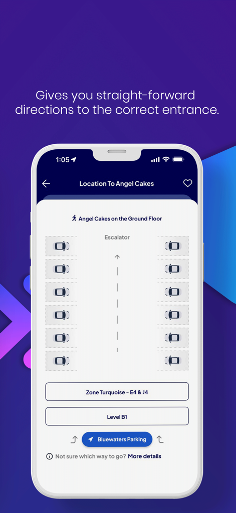 My Park Buddy - Interface do aplicativo My Park Buddy mostrando navegação de estacionamento interno para a entrada de uma loja específica.