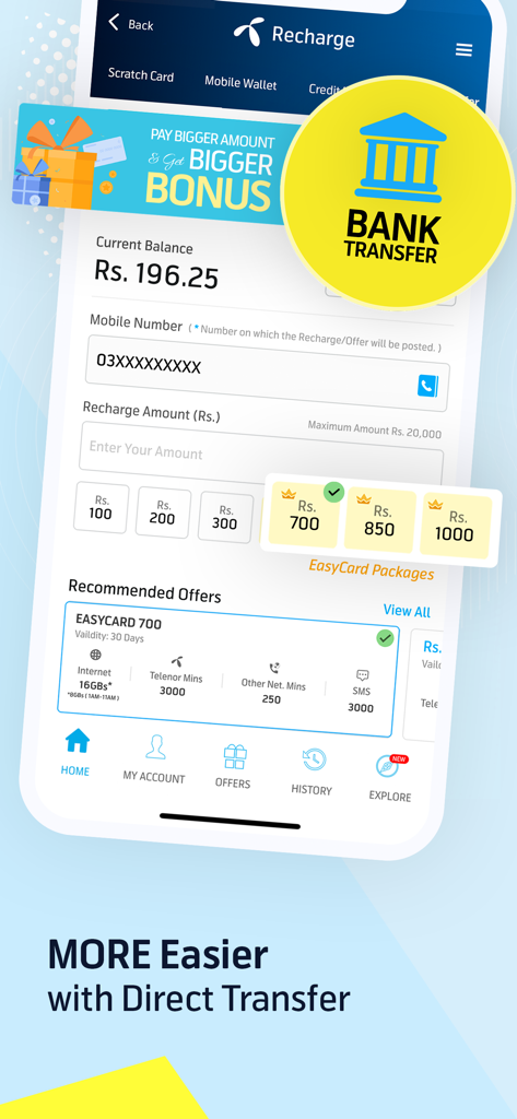 My Telenor - My Telenor app recharge screen showing bank transfer options and mobile packages