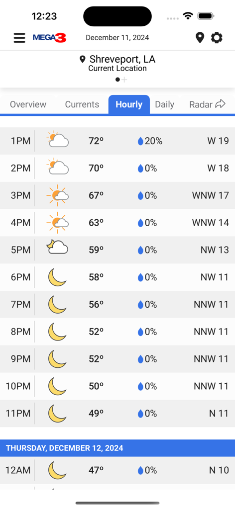 Storm Team 3 - Pantalla de pronóstico meteorológico por horas de Storm Team 3 para Shreveport, Luisiana, que muestra temperatura y condiciones del viento