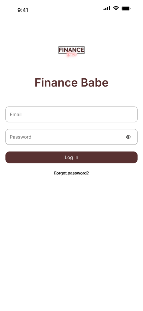 Finance Babe - Login screen for the Finance Babe mobile app
