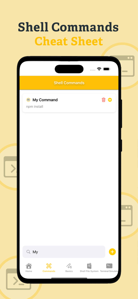 Une interface d'application mobile pour la Fiche de commandes Shell montrant une liste consultable de commandes pour développeurs sur un écran d'iPhone.