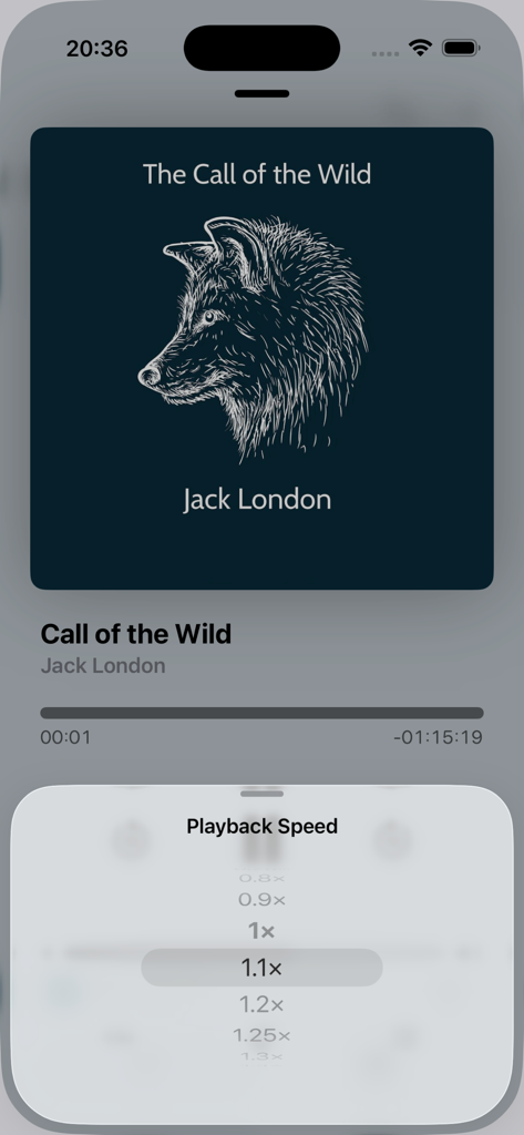 AudioBooks - MP3 & M4B player - Interface du lecteur de livres audio montrant le menu de sélection de la vitesse de lecture avec la vitesse 1,1x sélectionnée pour L'Appel de la forêt