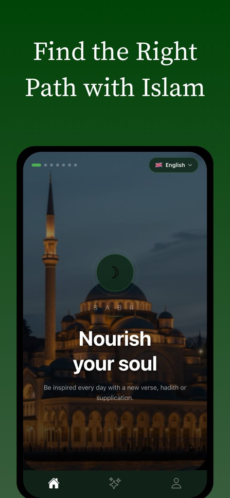Sabr AI app main screen featuring a mosque at night with the text Nourish your soul