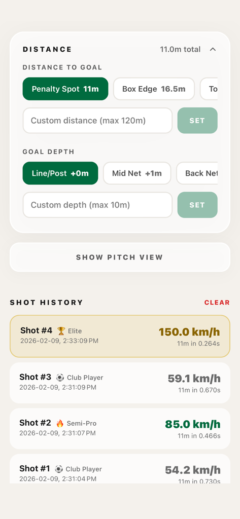 Screenshot of Tiros app showing soccer shot distance configuration and a list of recorded shot speeds