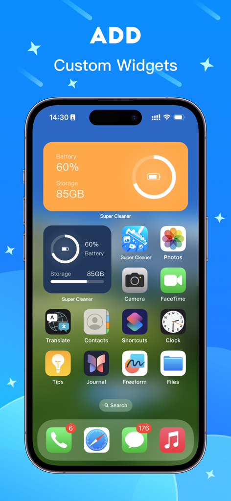 Super Cleaner - Space Clean - Super Cleanerアプリからのカスタムストレージおよびバッテリー監視ウィジェットを表示するiPhoneホーム画面