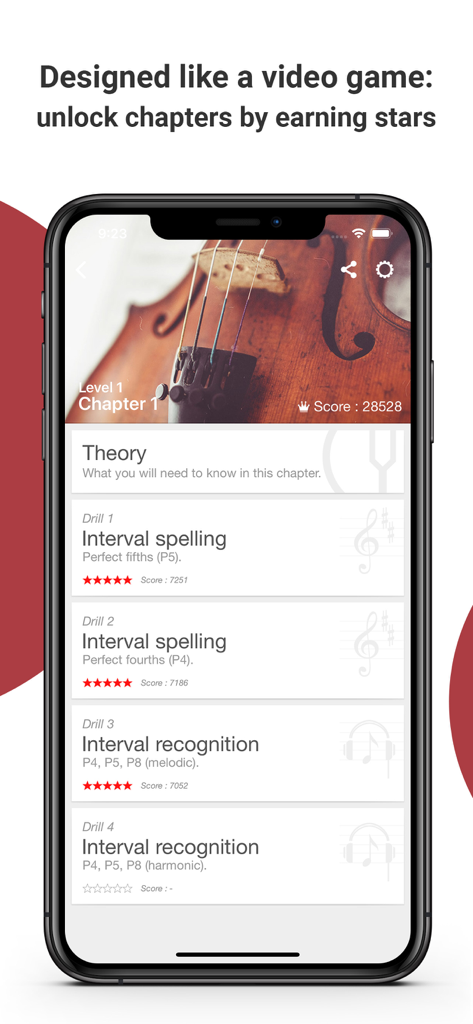 Interface de l'application Complete Ear Trainer montrant les exercices de théorie musicale et les évaluations par étoiles pour le niveau 1