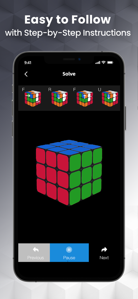 Step-by-step instructions for solving a 3D magic cube in the CubeSolver AI app