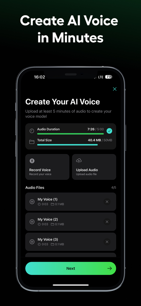 Sona: AI Music & Cover Maker - Interfaccia dell'app mobile Sona AI che mostra i passaggi per registrare o caricare audio per creare un modello vocale IA personalizzato