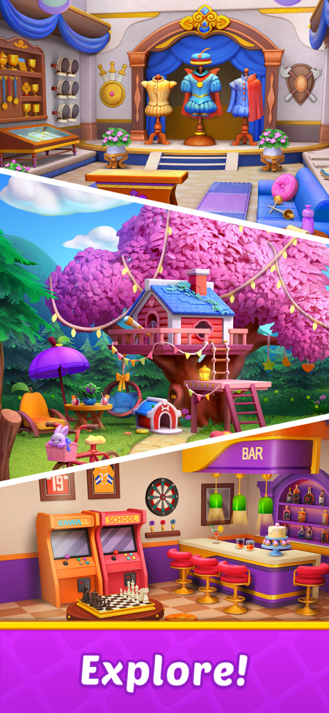 Fruit Diary 2: Match 3 Offline - A collage showcasing different decorated areas like a trophy room treehouse and arcade bar