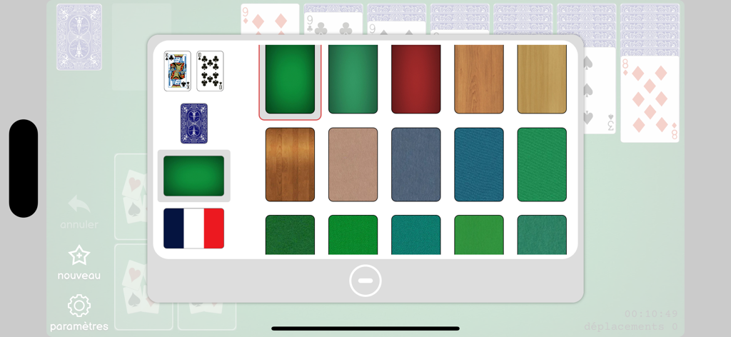 Solitaire - Cards - Menú de personalización para dorsos de cartas y fondos de mesa en un juego de solitario