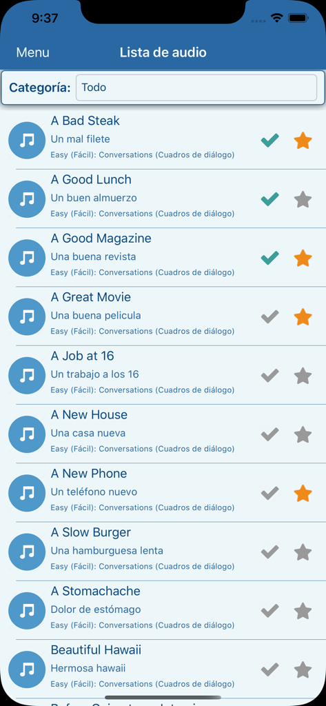 English Speaking Listening Pro - A list of English audio lessons with Spanish translations and difficulty levels in the English Speaking Listening Pro app interface.