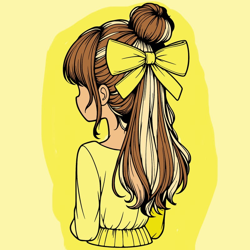 realistic girl  with hip length hair a bun and a big bow on the back of head