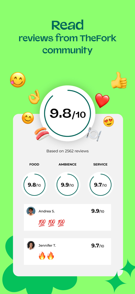 TheFork - Restaurant bookings - Screenshot do app TheFork mostrando avaliações comunitárias de restaurantes e classificações de comida ambiente e serviço