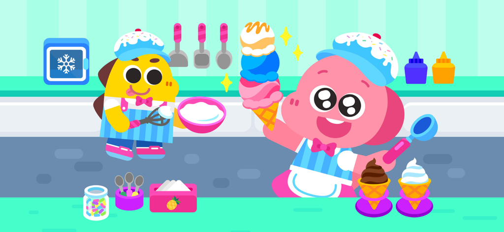 Cocobi Little Kitchen - kids - Dos lindos dinosaurios Cocobi preparando y sirviendo coloridos conos de helado en una cocina brillante