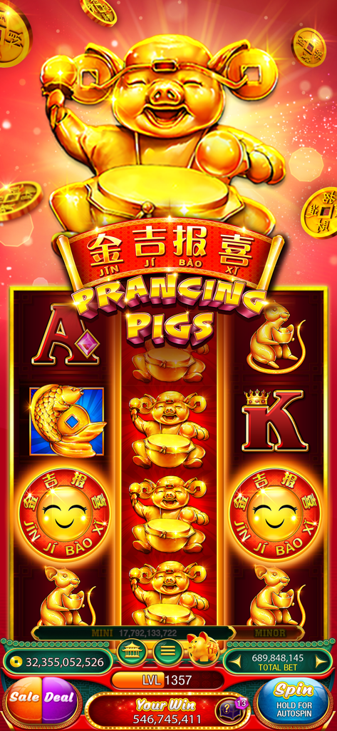 A vibrant red and gold slot machine interface for Prancing Pigs within the 88 Fortunes app featuring golden pig characters and traditional Chinese symbols.