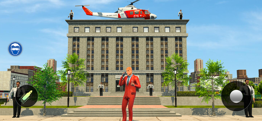 VIP character in a red suit protected by security guards in front of a government building with a US Coast Guard helicopter on the roof