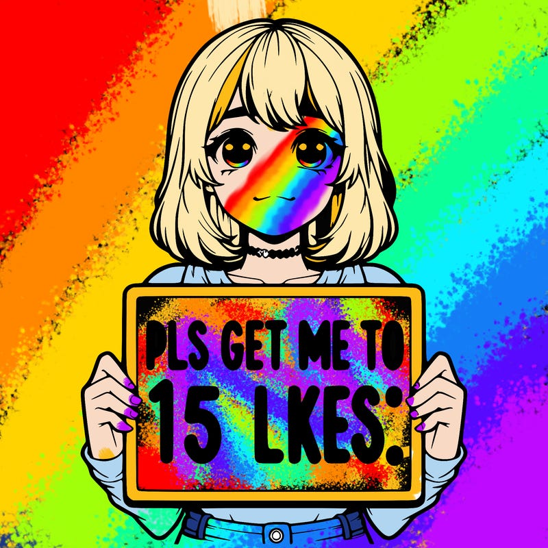 realistic girl holding up a sign that says “pls get me to 15 likes!”