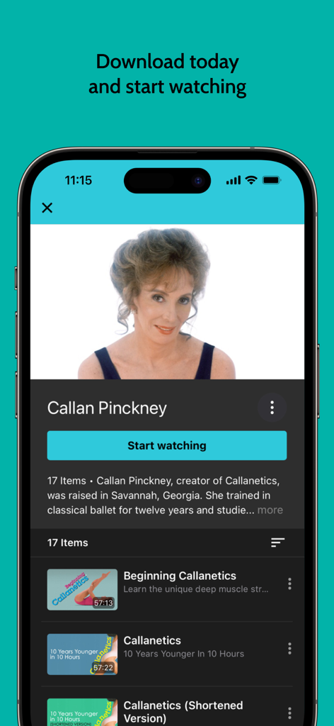 Callanetics TV app screen featuring workout videos and creator Callan Pinckney