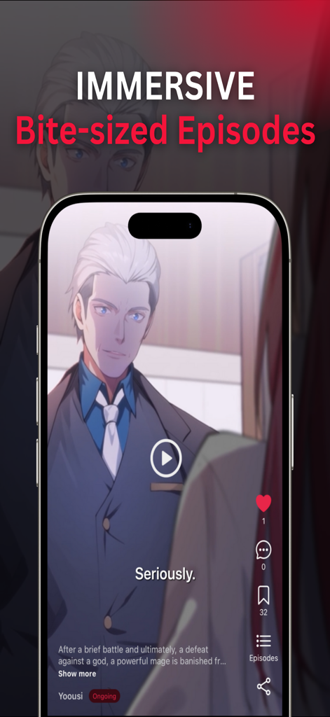 AniShort: Animated Comics - Uma tela de smartphone exibindo uma cena de anime vertical do aplicativo AniShort com texto destacando episódios curtos e imersivos.