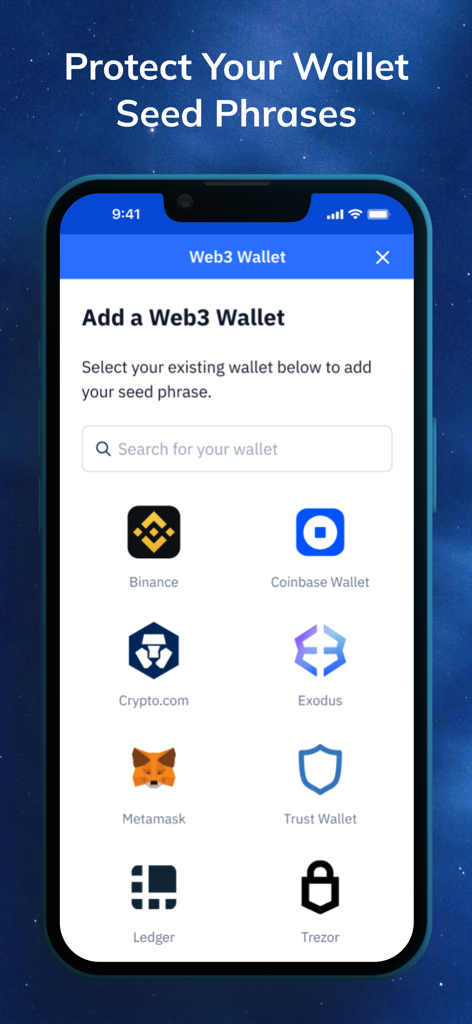 Interface of the Vault12 Guard app showing options to add and protect seed phrases from Web3 wallets like Metamask, Ledger, and Coinbase.