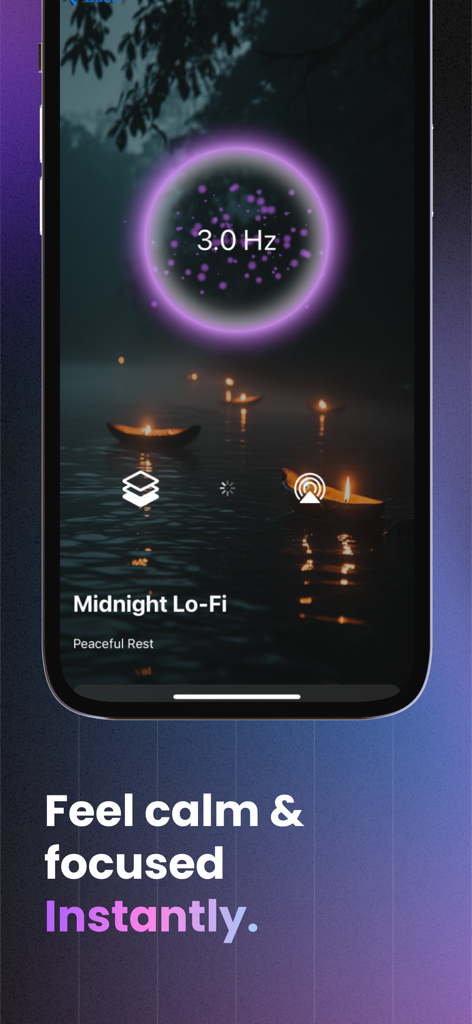 ZenWave · Sounds & BrainWaves - ZenWave app interface showing a 3.0 Hz frequency session titled Midnight Lo-Fi for peaceful rest