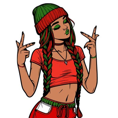 realistic teenage girl with braids and a beanie and crop top doing 🫶🏼