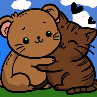 a hamster and a cat hugging