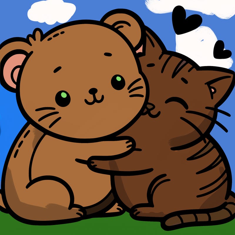 a hamster and a cat hugging