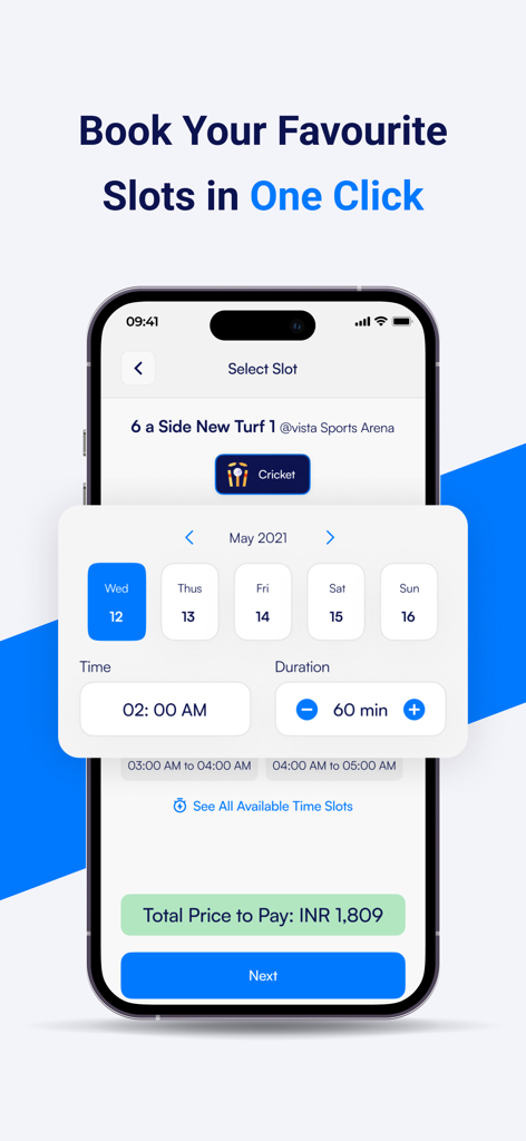 PlayPal Sports - PlayPal Sports mobile app screen showing options to select a date time and duration for booking a sports venue