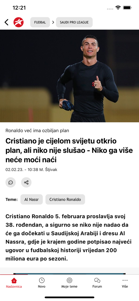 SportSport.ba - Interfaz de la aplicación SportSport.ba que muestra un artículo de noticias sobre Cristiano Ronaldo
