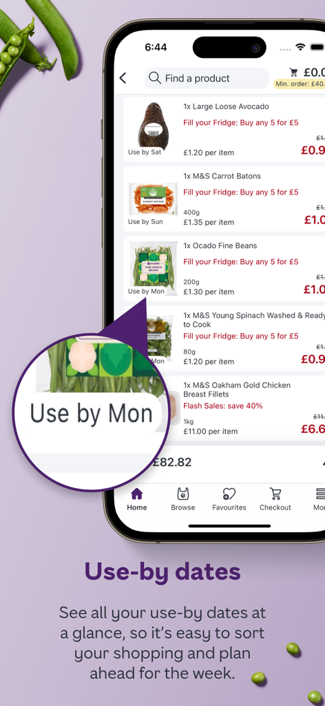 Smartphone screen displaying the Ocado app shopping basket with highlighted use-by dates for fresh grocery items