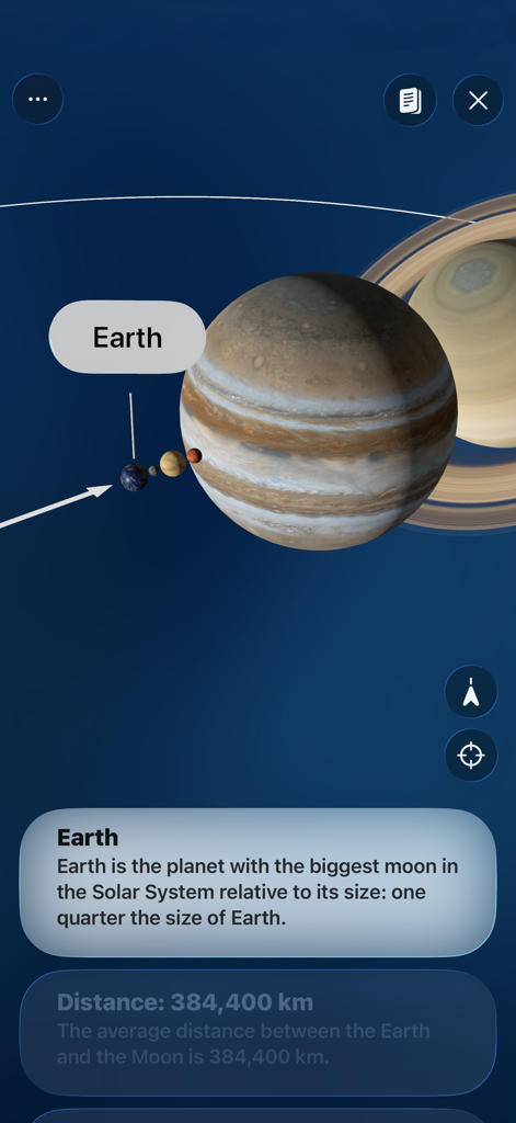 Ein 3D-visueller Vergleich der Erde neben Jupiter und Saturn in der Foxar-Lern-App