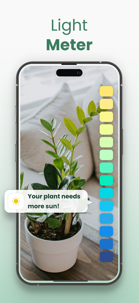 Plantify app light meter feature showing a plant needing more sun on a smartphone screen