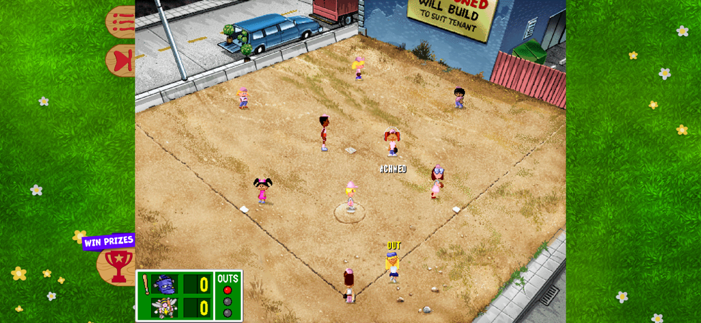 Backyard Baseball '97 - Gameplay screenshot of Backyard Baseball 97 showing child characters playing on a dirt baseball diamond.