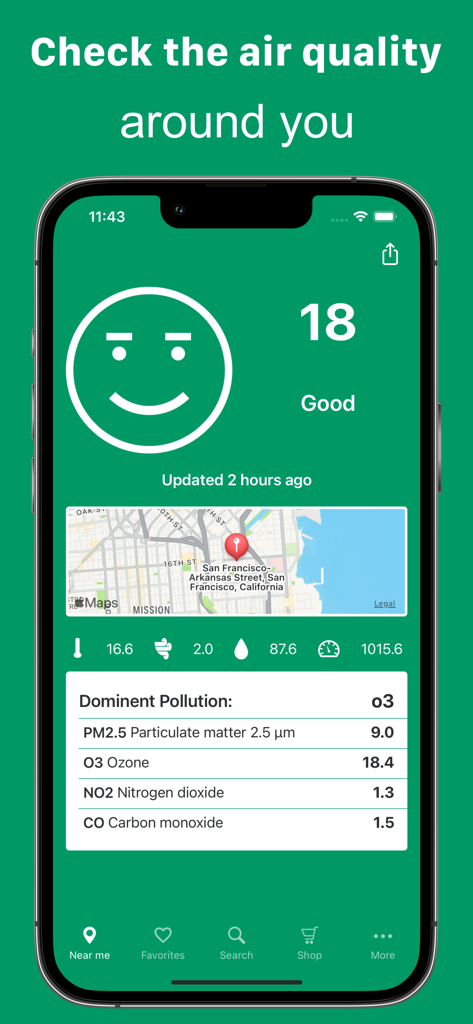 Interface of the My AQI app showing a green Good air quality status of 18 with local pollutant levels in San Francisco