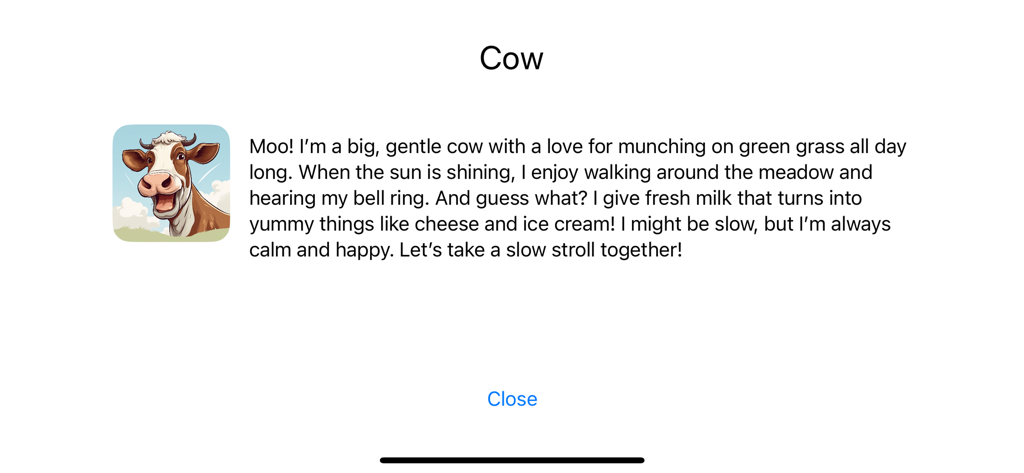 Animal Voices on a Farm - Pantalla educativa para una vaca que presenta una ilustración de dibujos animados y datos curiosos para niños