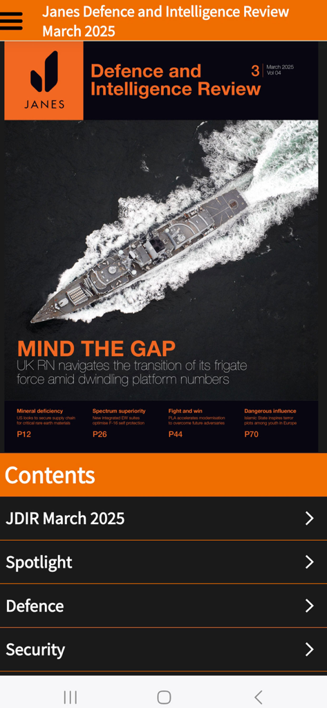 Mobile interface of the Janes Magazines app displaying the March 2025 cover of Janes Defence and Intelligence Review featuring a naval ship