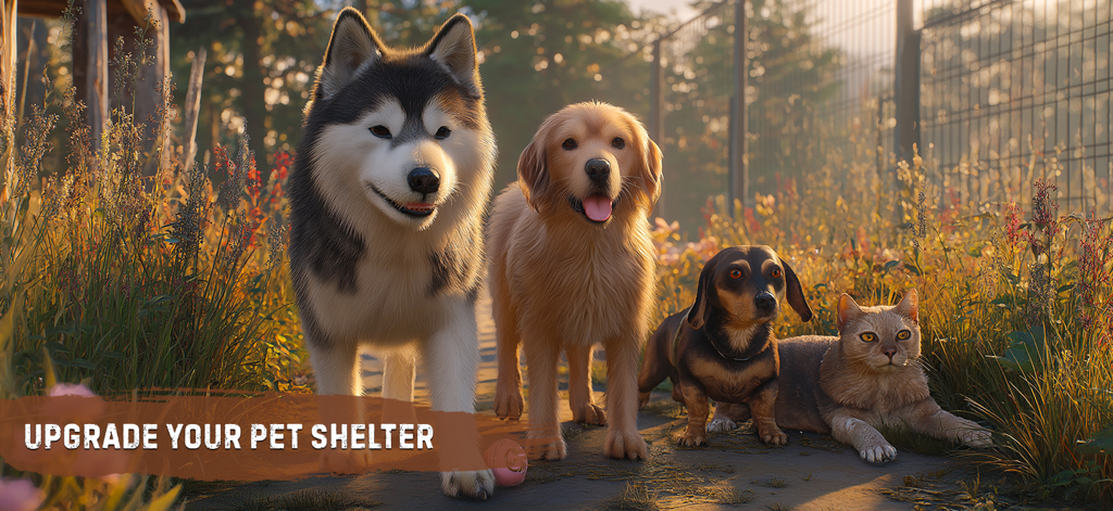 A group of dogs and a cat in a sunny outdoor shelter environment with the text upgrade your pet shelter
