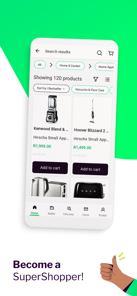 Avo SuperShop mobile app interface showing search results for home appliances like blenders and vacuums.