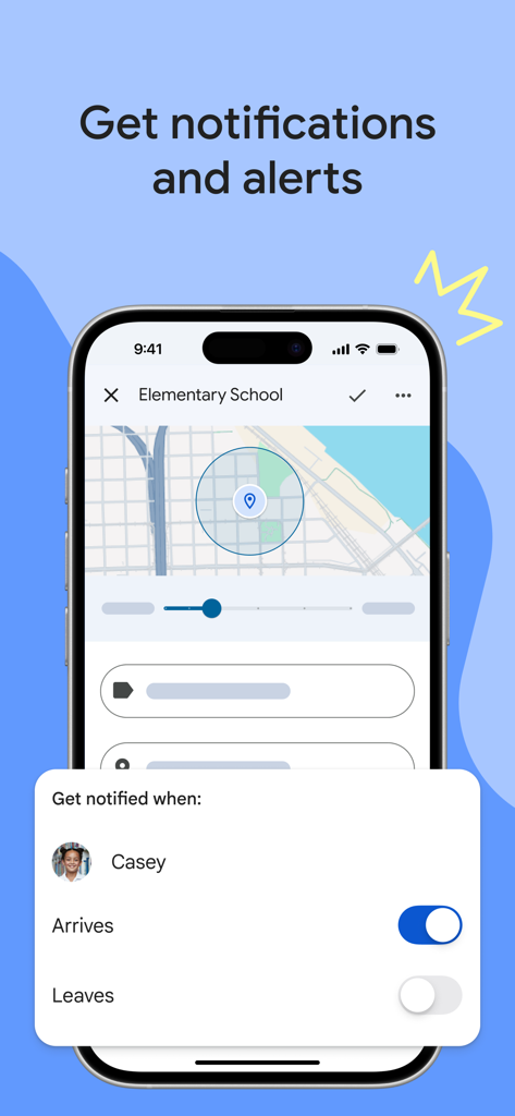 Google Family Link interface showing a map and options to receive notifications when a child arrives or leaves a location