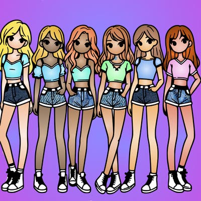 a group of girls wearing crop tops and shorts